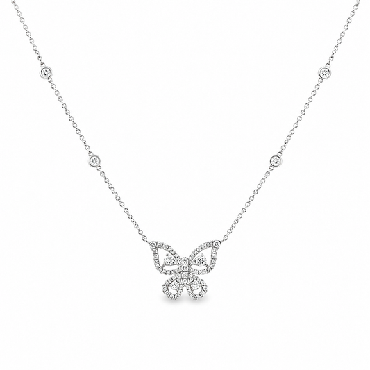18K White Gold Diamond Butterfly Pendant with 4 Bezel-Set Diamond Accents and Chain