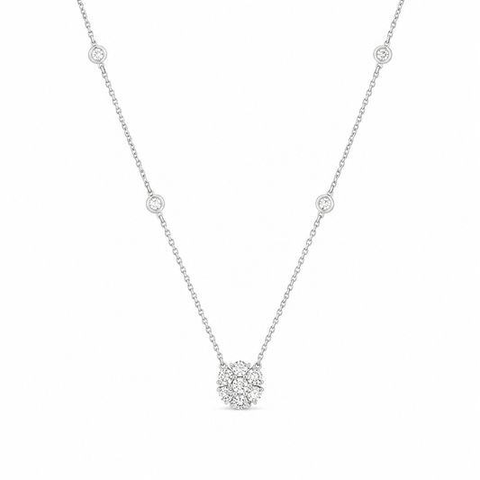 18K White Gold Diamond Cluster and Bezel-Set Diamond Accents Necklace