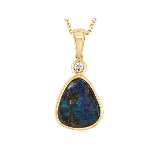Parle 14K Yellow Gold Triangular Boulder Opal and Diamond Plain Bezel Pendant